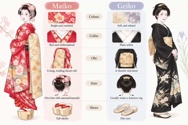 An illustrated guide comparing maiko and geiko by colour, collar, obi, hair, and shoes.