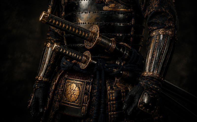 The uchigatana and wakizashi, worn as a matched pair — samurai armor combined battlefield practicality with rank and family crest.