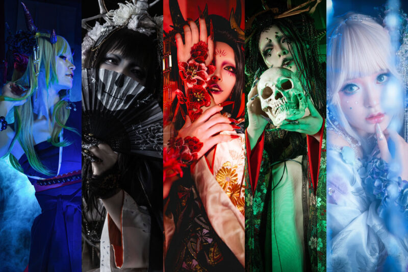 The Hyakki Yagyo series at Studio Kokoro Arashiyama — each yokai styled with its own hair, makeup and costume, inspired by Toriyama Sekien's classic illustrations.